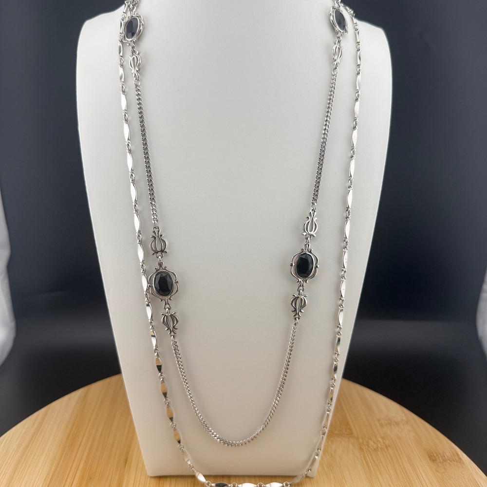 Sarah Coventry Necklace Black Cabochon Silver Tone Multi Strand Retro 70s